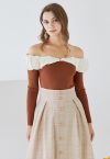 Spliced Ruched Off-Shoulder Knit Crop Top in Caramel