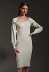 Feathered Ribbed Knit Twinset Dress in Cream