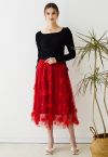 3D Mesh Flower Embroidered Tulle Midi Skirt in Red