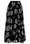 Ink Rose Bud Printed Midi Skirt in Black