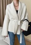 Collared Self-Tie Wrap Waffle Knit Cardigan in Ivory