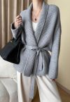 Collared Self-Tie Wrap Waffle Knit Cardigan in Grey