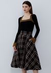 Plaid Tweed High-Waist A-Line Midi Skirt in Black