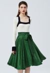 Glossy Leopard Jacquard Tie Waist Flare Midi Skirt in Green