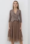 Collared V-Neck Knit Spliced Tulle Dress in Taupe