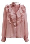 Flower Choker Necklace Ruffle Trim Shirt in Pink