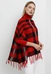 Turtleneck Plaid Tassel Hem Knit Poncho in Red