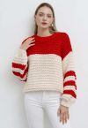 Two-Tone Striped Sleeves Chunky Hand Knit Sweater in Red