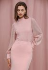 Sequin Mesh Sleeves Mock Neck Knit Top in Pink