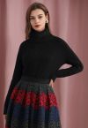 Soft Fuzzy Turtleneck Cable Knit Sweater in Black