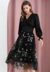 Mysterious Night Moon and Star Embroidered Mesh Tulle Skirt in Black