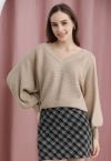 V-Neck Batwing Sleeves Pullover Knit Sweater in Camel