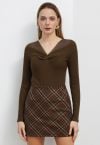 Twisted Mesh Spliced Knit Top in Brown