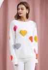 Colorful Heart Pattern Fuzzy Knit Sweater