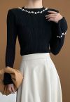 Pearl Adorned Flare Cuffs Ribbed Knit Top in Black