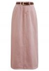 Slit Back Belted Denim Maxi Skirt in Pink