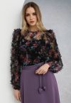 Fairy Dream Floral Ruffle Mesh Top in Black