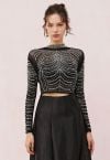 Rhinestone Embellished Soft Mesh Crop Top in Black