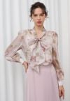 Enthralling Watercolor Floral Bowknot Sheer Shirt in Pink