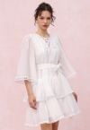 Cutwork Trim Flare Sleeve Tiered Dress in White