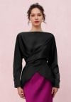 Boat Neck Crisscross Waist Satin Top in Black