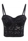 Sequined Lace Bustier Crop Top in Black