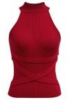 Crisscross Ribbon Sleeveless Halter Knit Top in Red