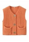 Bold Golden Buttons Patch Pocket Chunky Knit Vest in Orange