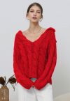 Collared V-Neck Chunky Cable-Knit Sweater in Red