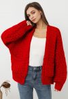 Chunky Hand Knit Patch Pocket Open Front Cardigan in Red