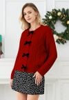 Bowknot Snap Button Braid Knit Cardigan in Red