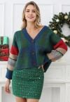 Chromatic Sleeve Button Down Crop Knit Cardigan in Green