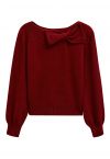 Bowknot-Trimmed Boat Neck Knit Sweater in Red