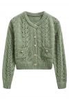 Heart Button Hollow Out Crop Knit Cardigan in Pistachio