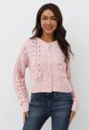 Heart Button Hollow Out Crop Knit Cardigan in Pink