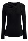 Twist Neckline Ribbed Knit Top in Black