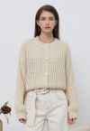 Puff Sleeves Buttoned Crop Chunky Knit Cardigan in Cream