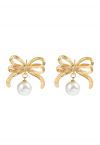 Double Layered Bowknot and Pearl Earrings in Gold