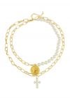 Gold Coin Layered Pearl Chain Necklace