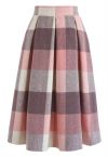 Greatest Embrace Check Wool-Blend Midi Skirt in Pink 