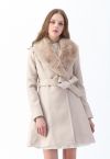 Faux Fur Collar Belted Flare Coat in Nude Pink