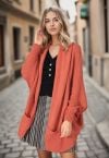 Open Front Drape Knit Cardigan in Coral