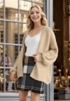 Fuzzy Open Front Waffle Knit Cardigan in Tan