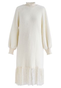 Lace Hem Fluffy Knit Shift Dress in Cream