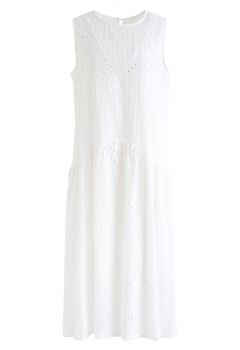 White Perforated Embroidered Sleeveless Dress