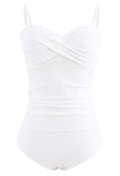 Ruched Design One-Piece Swimsuit in White