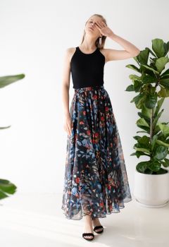 Blooming Calla Lily Watercolor Maxi Skirt in Black