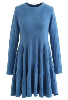 Frilling Hem Round Neck Knit Dress in Blue