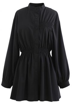 Asymmetric Shirred Button Down Shirt Dress in Black