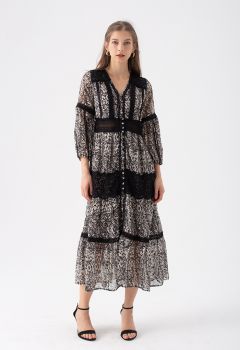 Black Floral Jacquard Crochet Trim Sheer Maxi Dress